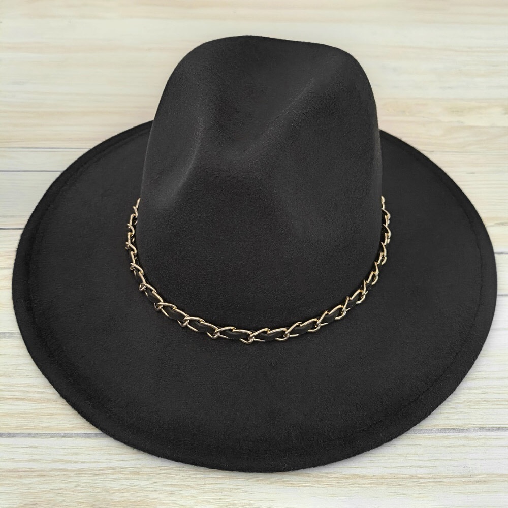 Black Vegan Leather Braided Chain Band Fedora Hat